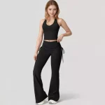 Women's Drawstring Ruched Waist Flared Leg Pants Stretch Fabric Active Yoga Lounge Bottoms